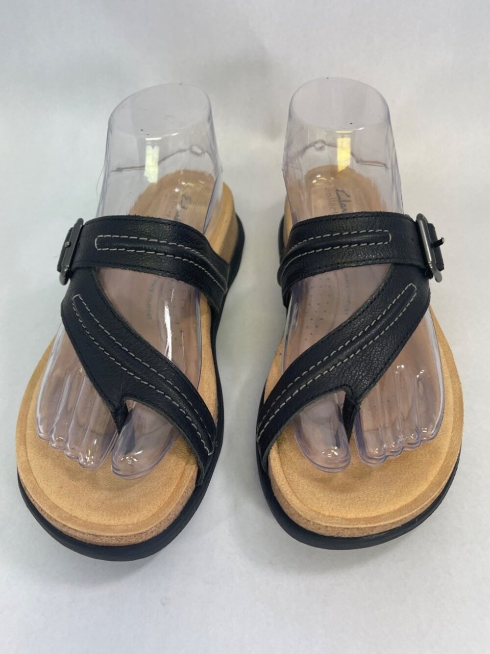 Clarks Womens Black Leather Sandals 10 Adjustable Straps Cushioned Footbed